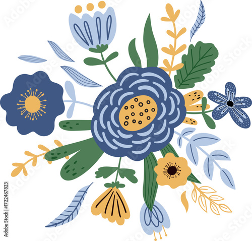 A bouquet of stylized blue and yellow flowers
