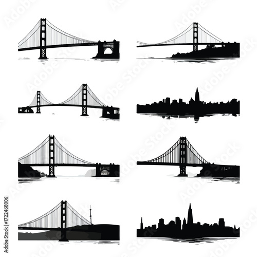 Golden gate bridge silhouette illustration set isolated on white background