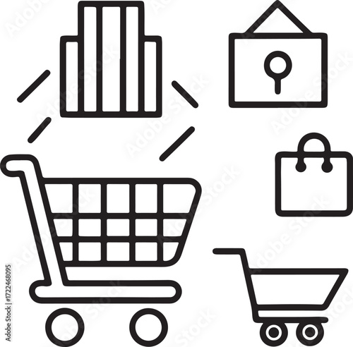 Shopping cart icons with bags and building blocks Keywords: shopping cart, shopping bag, shopping