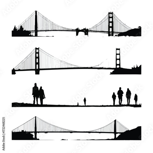 Golden gate bridge silhouette collection isolated on white background