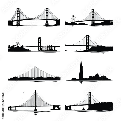 Iconic golden gate bridge silhouette set isolated on white background