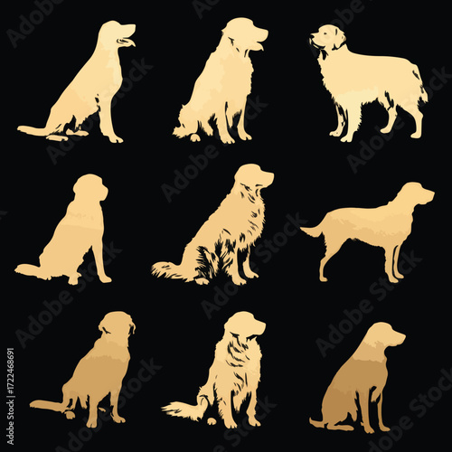 Collection of golden retriever dog poses in black and white silhouette isolated on white background