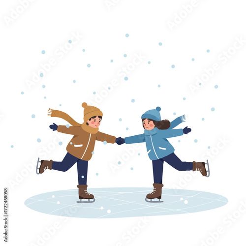 Vibrant 2D flat vector illustration of two cheerful children, a boy and girl, gracefully ice skating on a frozen pond with gentle snow, dressed in warm winter jackets and hats.