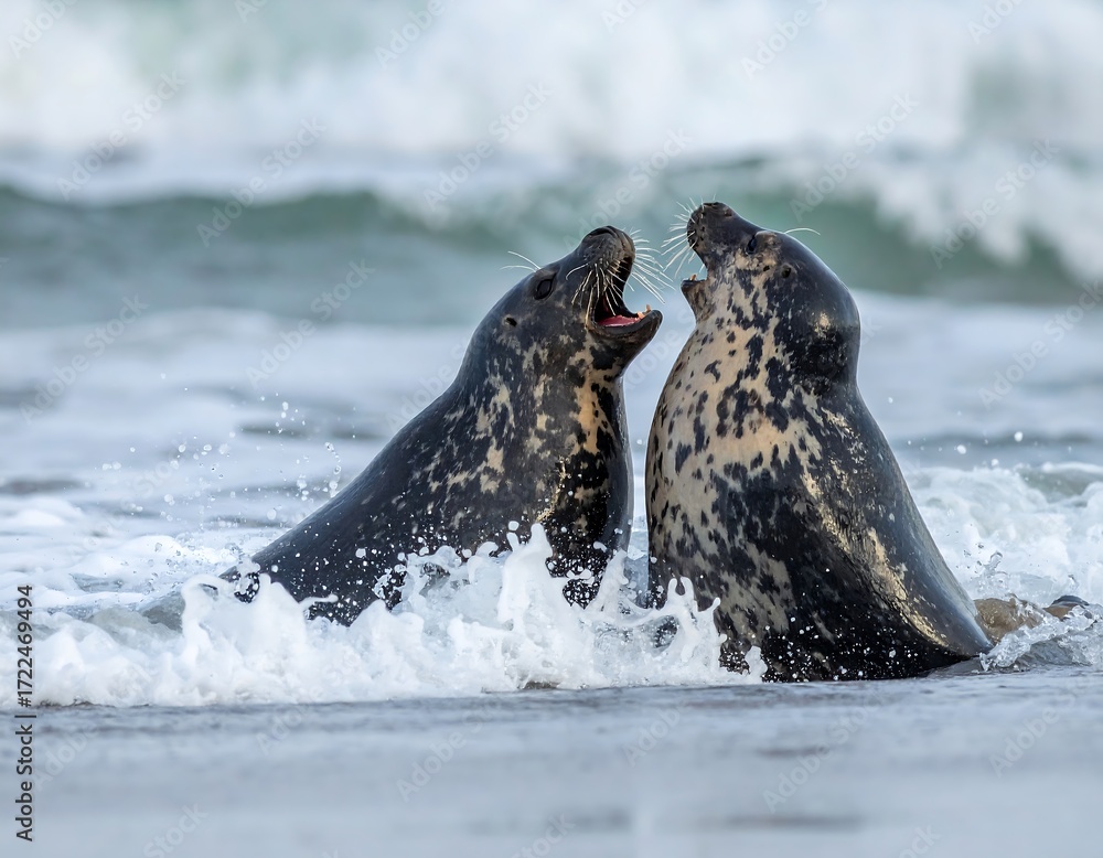 Obraz premium Two seals engaged in a playful interaction on the shoreline