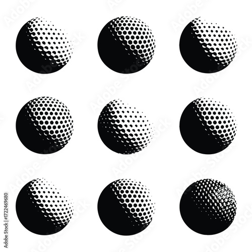 Collection of black and white golf ball silhouettes isolated on white background