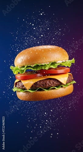 Delicious burger in mid air