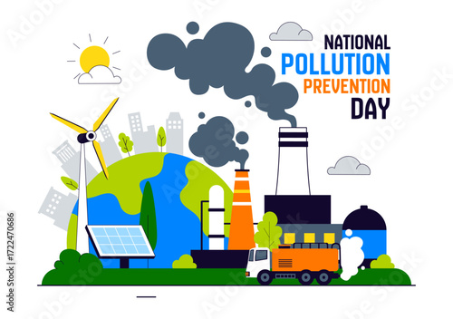 National Pollution Prevention Day Vector Illustration for Awareness Campaign, Featuring Factory Emissions, Forest Damage, and Vehicle Pollution Issues