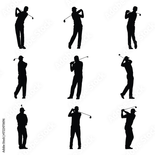 Collection of golf player silhouettes in action isolated on white background