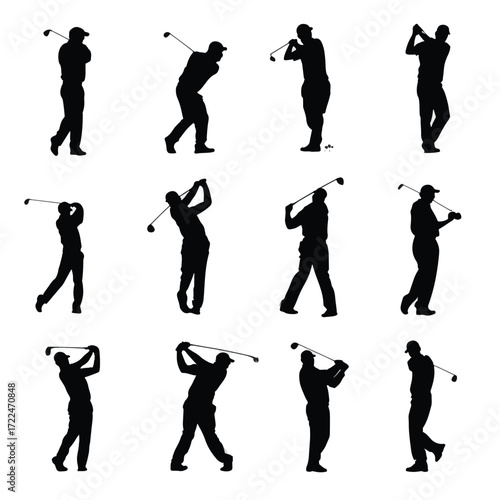 Collection of golf player silhouettes in action poses isolated on white background
