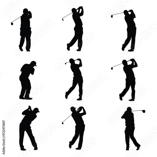 Collection of golf player silhouettes in action poses isolated on white background silhouette