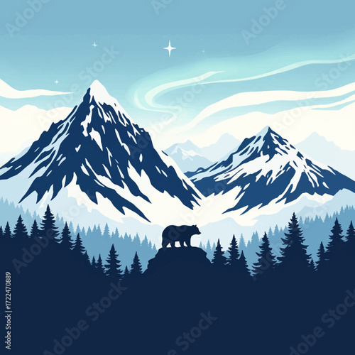 Majestic bear stands on a snowy mountain peak under a vibrant aurora borealis, a serene winter landscape illustration