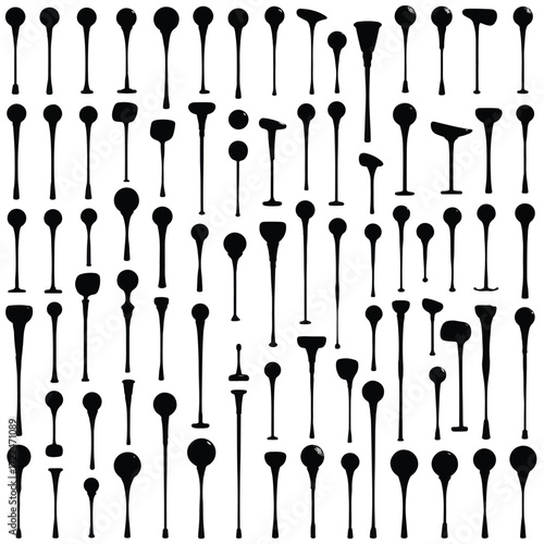 Collection of golf tee silhouettes in black and white isolated on white background