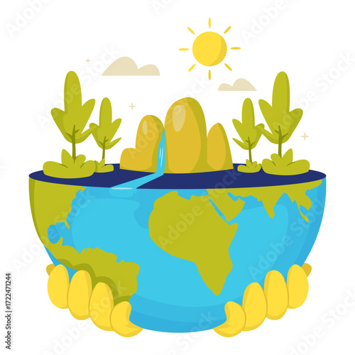Save Planet Earth with Hands Holding Half Earth and Nature Ecosystem Vector Illustration