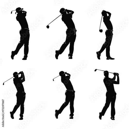 Collection of diverse golfer swing silhouettes in action isolated on white background silhouette