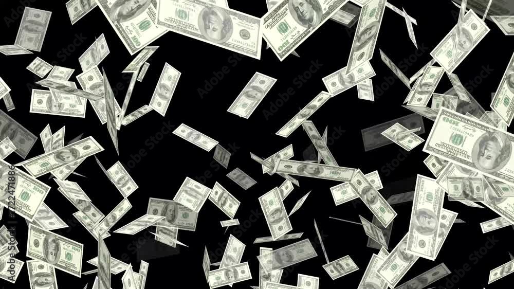 Banknotes Raining Down Cinematic money rain animation on black background. Banknotes of the us ...