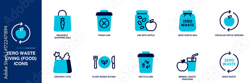 Zero Waste Living (Food) Blue Colored Outline Icon Set