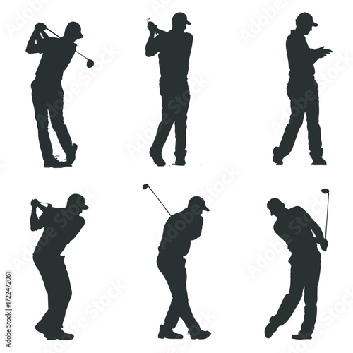 Collection of dynamic golfer swing poses in black and white silhouette isolated on white background