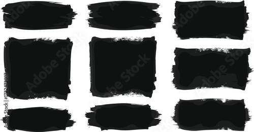 Black brushstroke vector set, abstract ink textures, rough rectangle shapes, artistic paint marks, grunge design elements, graphic background frames