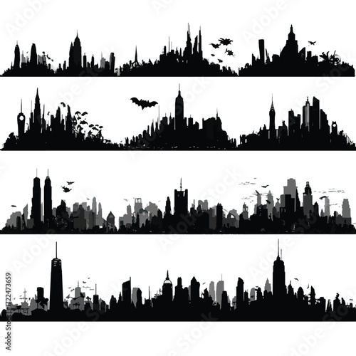 Collection of gotham city skyline architectural silhouettes in black and white isolated on white background