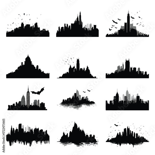 Collection of gotham city skyline silhouettes in black and white isolated on white background