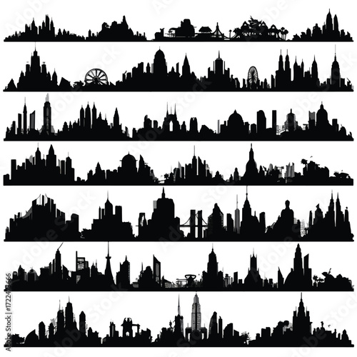 Collection of gotham city skyline silhouettes in black and white isolated on white background