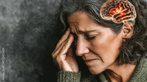 Elderly woman holding head in sudden weakness with transparent brain overlay showing glowing red stroke area in realistic detail.