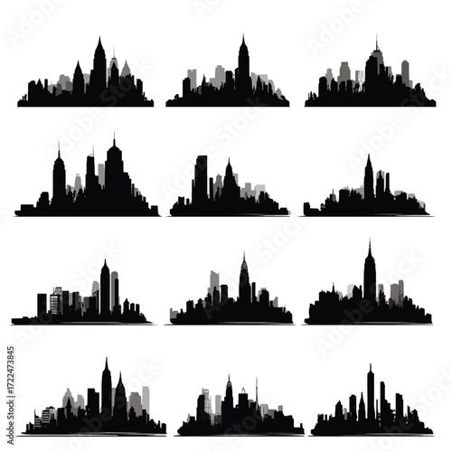Collection of gotham city skyline building silhouettes in black and white isolated on white background