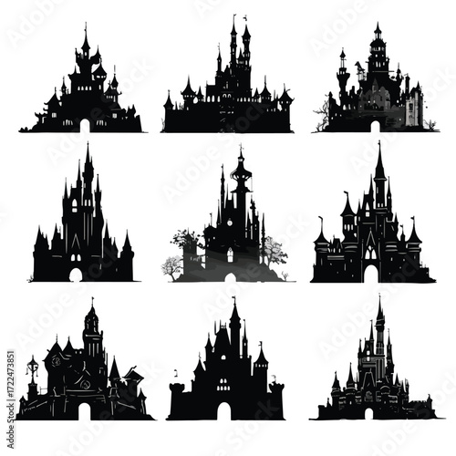 Collection of gothic castle silhouettes isolated on white background