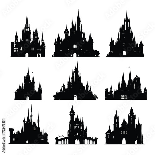 Collection of gothic castle silhouettes isolated on white background