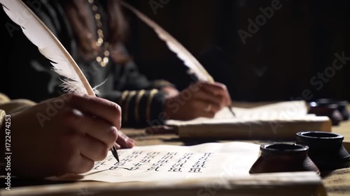 Ancient scribes diligently writing historical texts with quill and ink, capturing knowledge
