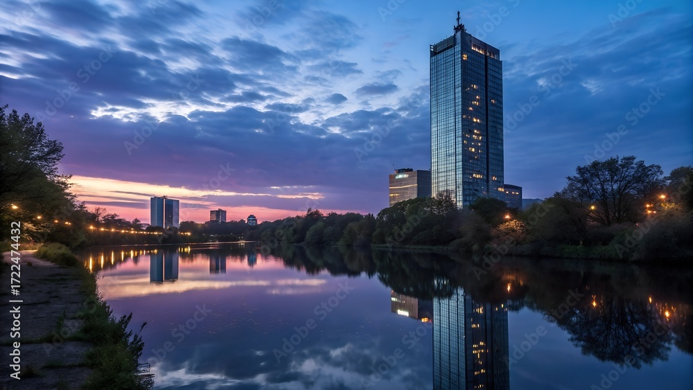 Fototapeta premium high rise building reflected in water river