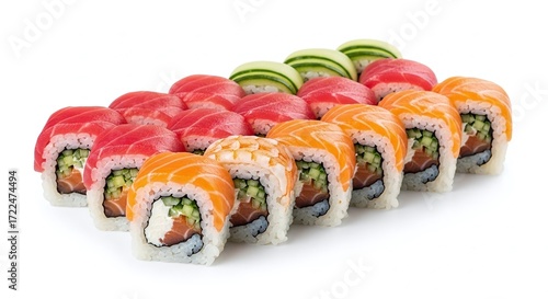 Sushi Rolls Arrangement with Salmon, Tuna, and Cucumber, Isolated on White Background