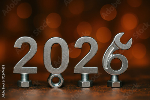 metal tool 2026 numbers with glowing industrial bokeh background concept of engineering branding and construction marketing