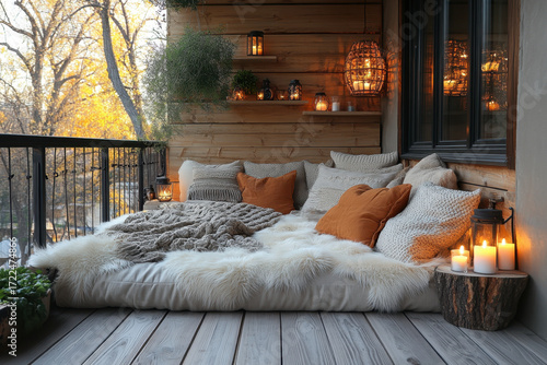 White fur rug and pillows on cozy balcony.