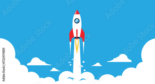 Rocket Launching Into Space with Clouds and Blue Sky.