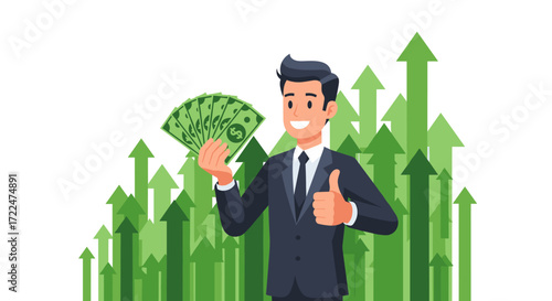 Man in Suit Holding Money with Upward Green Arrows.