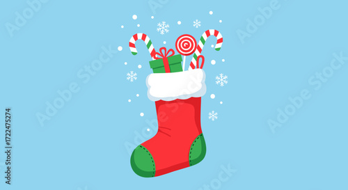 Christmas stocking filled with gifts and candy canes falling snow.