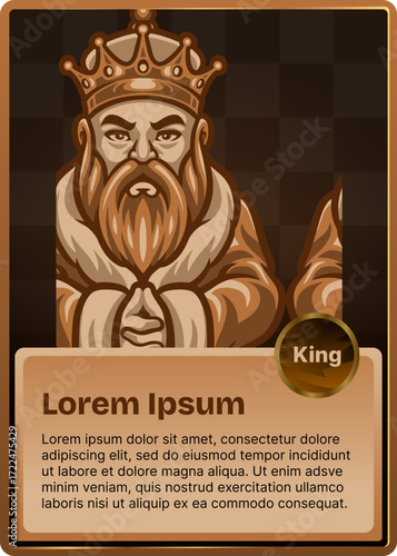 Majestic cartoon king character with a golden crown and brown beard, the sovereign ruler of a medieval court and kingdom