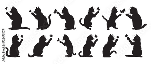 cat with butterfly silhouette white background vector illustration
