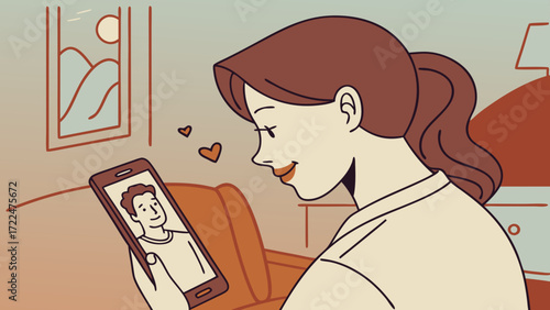 Vector of Woman Holding Phone with Man’s Reflection, Emotional Long Distance Love Relationship Illustration