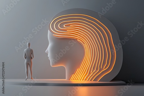 Abstract head profile with glowing lines, minimalist figure
