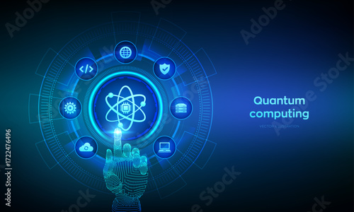 Quantum computing technology concept. Quantum qubit intelligent computing. Data analytics. AI. Artificial intelligence. Deep learning. Wireframe hand touching digital interface. Vector illustration.