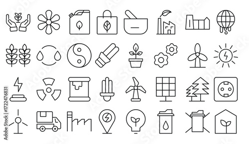 Ecology icon set. Environment, sustainability, nature, recycle, renewable energy; electric bike, eco-friendly, forest, wind power, green symbol. Solid icons vector collection.
