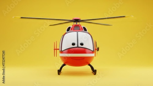 Animated Red Helicopter Toy Flying Against Bright Yellow Background with Smiling Face