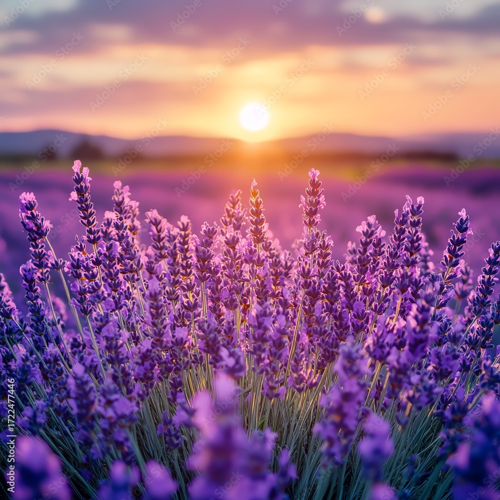 Obraz premium Lavender field sunset, vibrant purple blooms, beautiful sky. Use nature background high resolution for isolate image