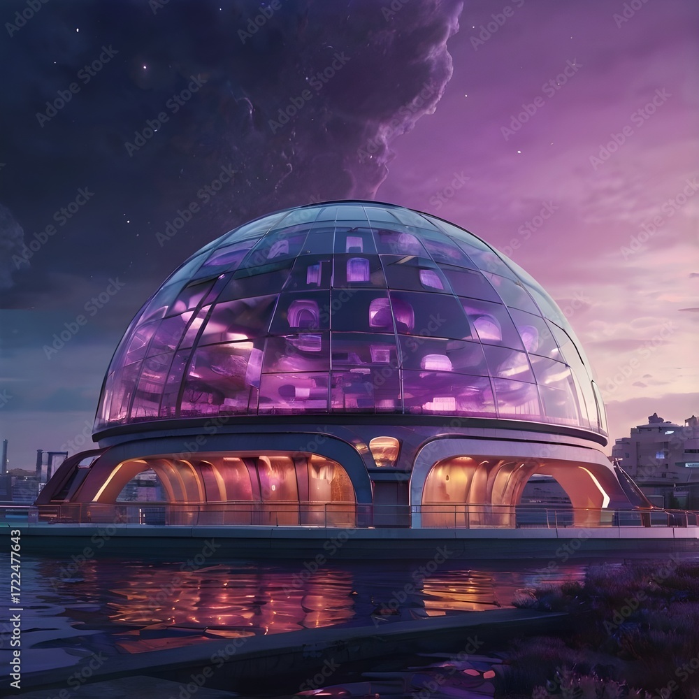 Obraz premium Underwater Futuristic Dome City with Lavender, Baby Pink and Pastel Yellow Neon Lights, Sci-Fi Architecture, Cinematic Glow