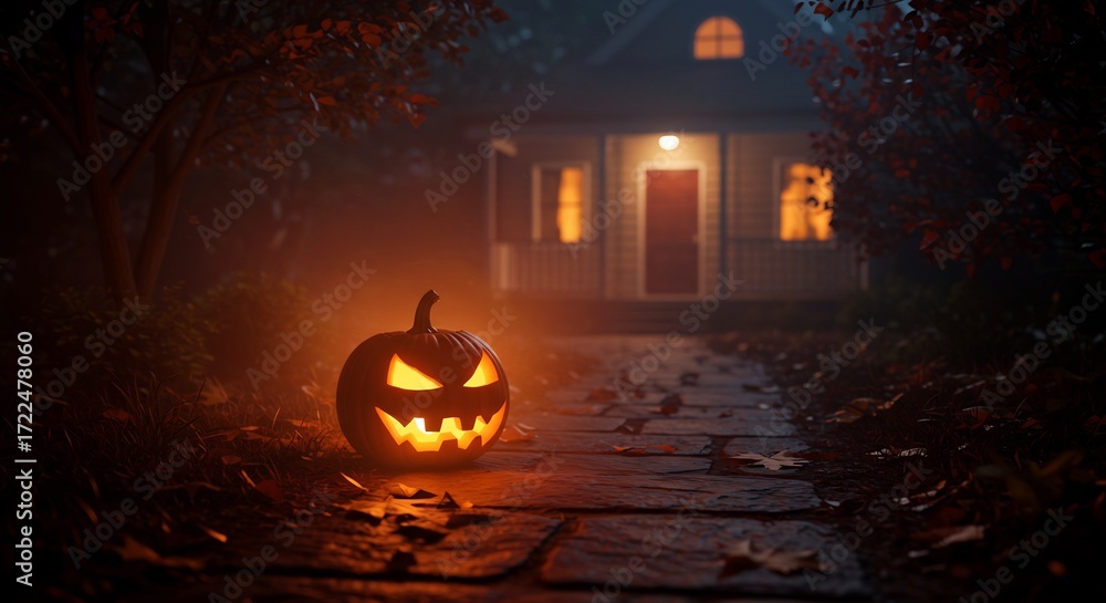 Naklejka premium Glowing jackolantern on a stone path leading to a house with illuminated windows in a dark autumn setting