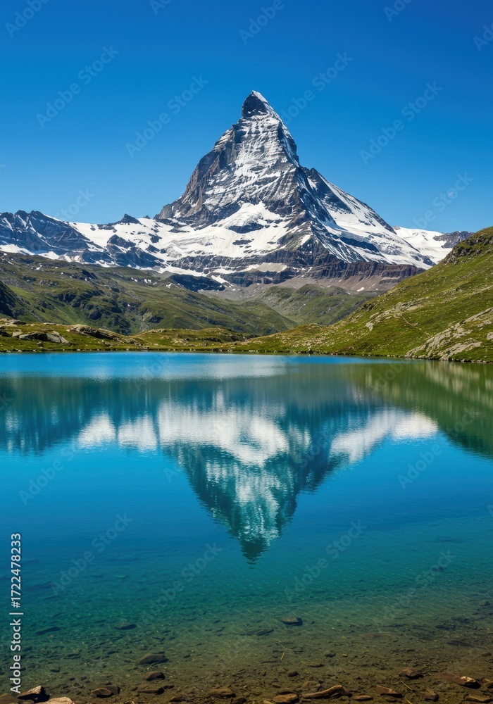 Naklejka premium Mountain peak reflecting in lake