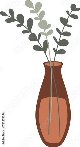 A brown vase with green branches and leaves