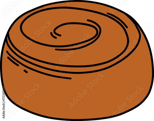 A brown cinnamon roll with black swirl outlines